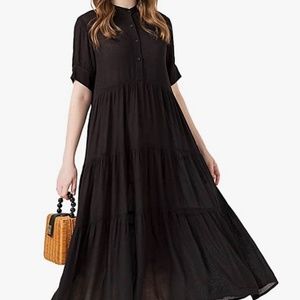 Vien Tran Henley Babydoll Button Front Short Sleeve Maxi Tiered Dress, Medium